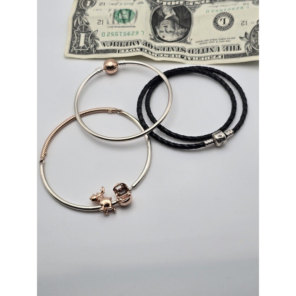 Lot of 3 Genuine Pandora Bracelets + Reindeer Charm – Rose Gold Clasp,...